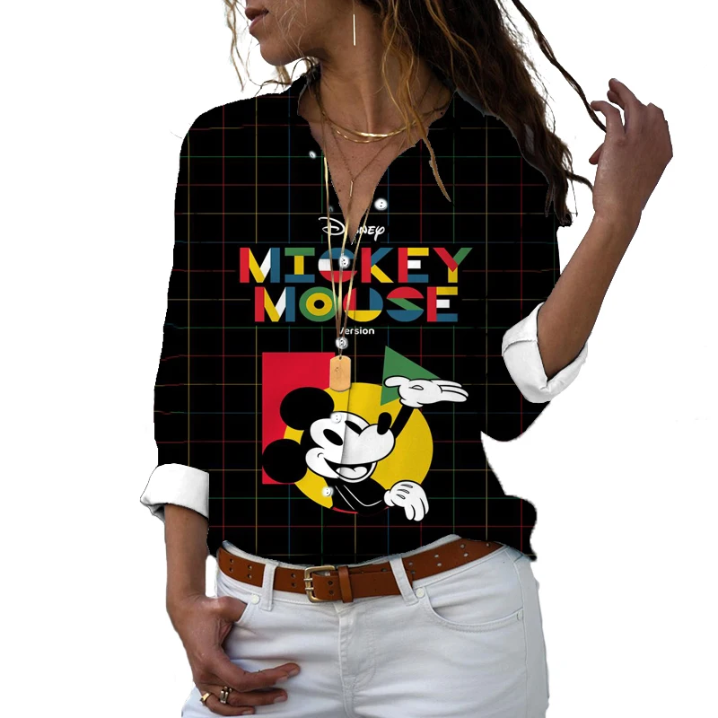 Disney-Camisa feminina de botão Harajuku, manga comprida, lapela, Mickey, Minnie, casual, fofo, Y2K, impresso em 3D, Novo, 2022