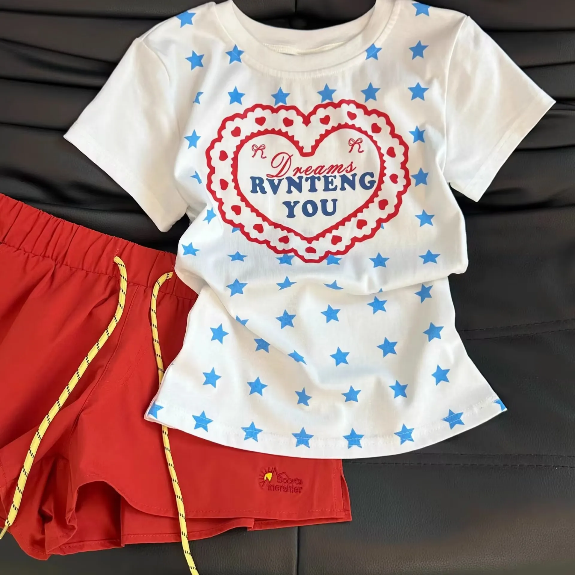 American Style Short Sleeve T-Shirt Women's Heart Star Print Slim Fit Short Length Top Summer Casual Wear Polyester Spandex