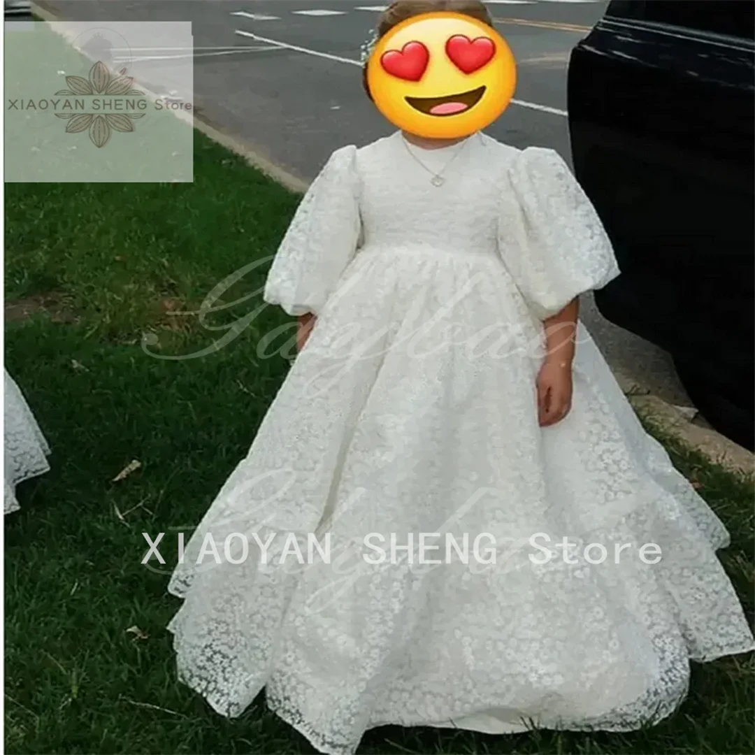 Princess Girl Dresses mbroidery Hollow Out Lace Flower Girl Dresses for Wedding Puffy Balloon Sleeve High Waisted Toddler Gowns