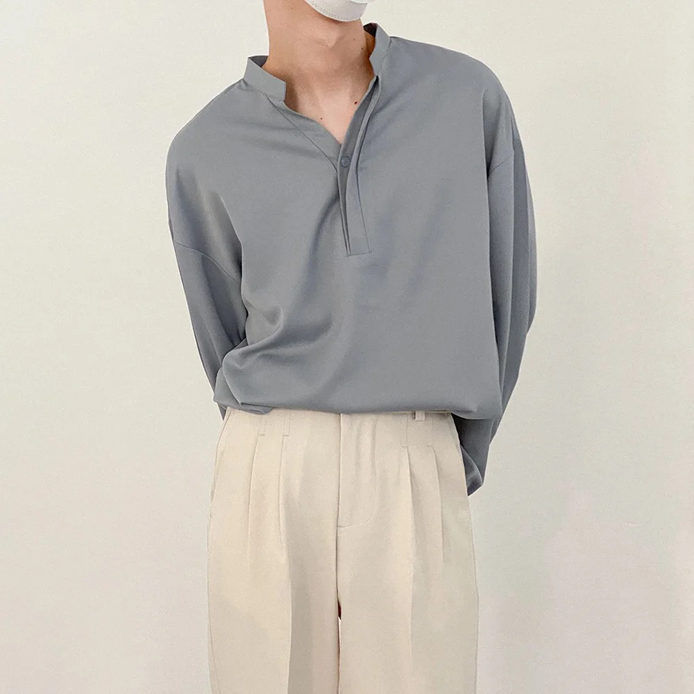 Mens Long Sleeve Shirts Simple Solid Color Design Niche Henley Collar Personality Daily Casual Versatile Tops 2024 Autumn Trend