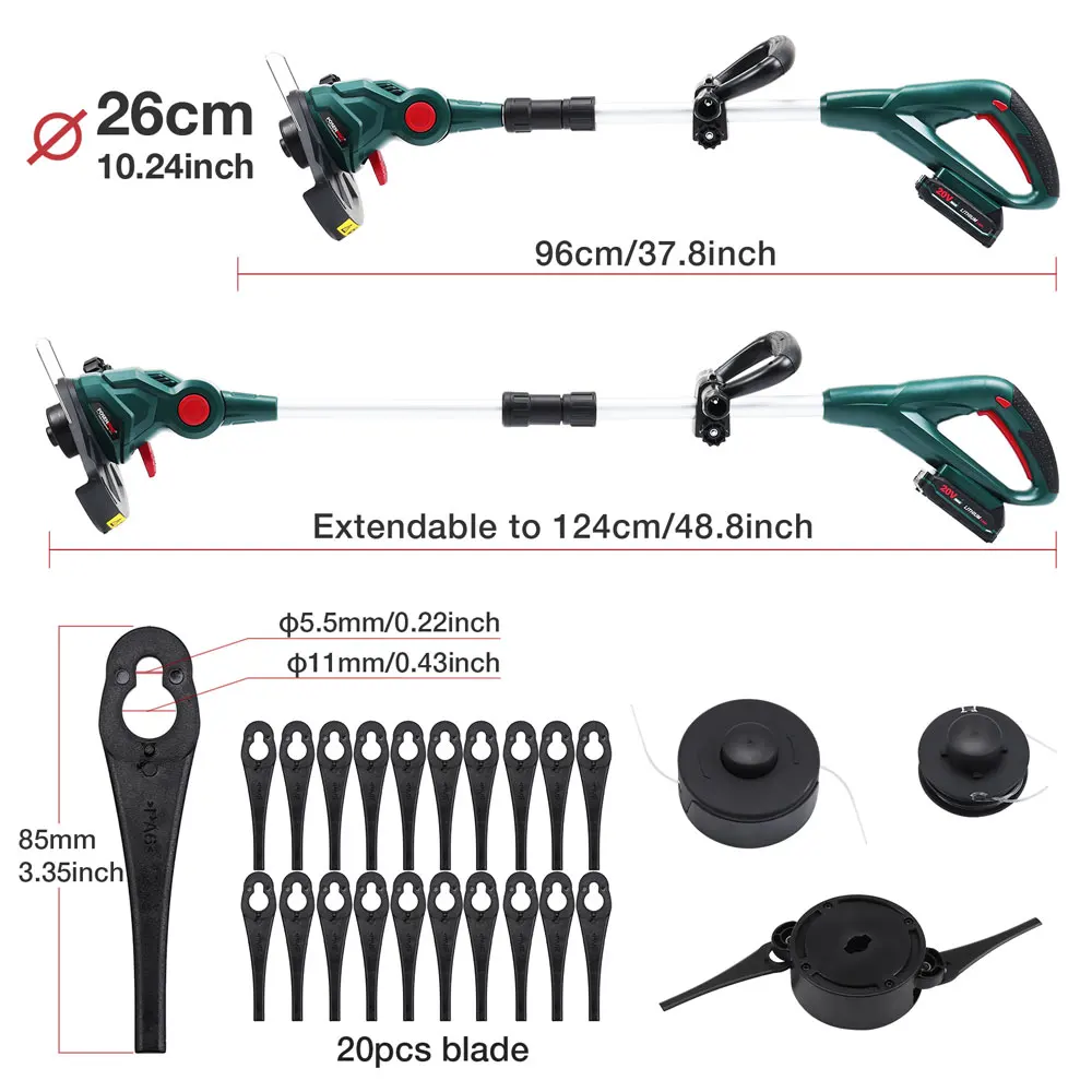 POSENPRO 20V Kabelloser Rasentrimmer & Kantenscheren-Mäher 26cm Schnittdurchmesser Verstellbarer Schnittwinkel Teleskopstiel Zusatzgriff Gartenwerkzeuge