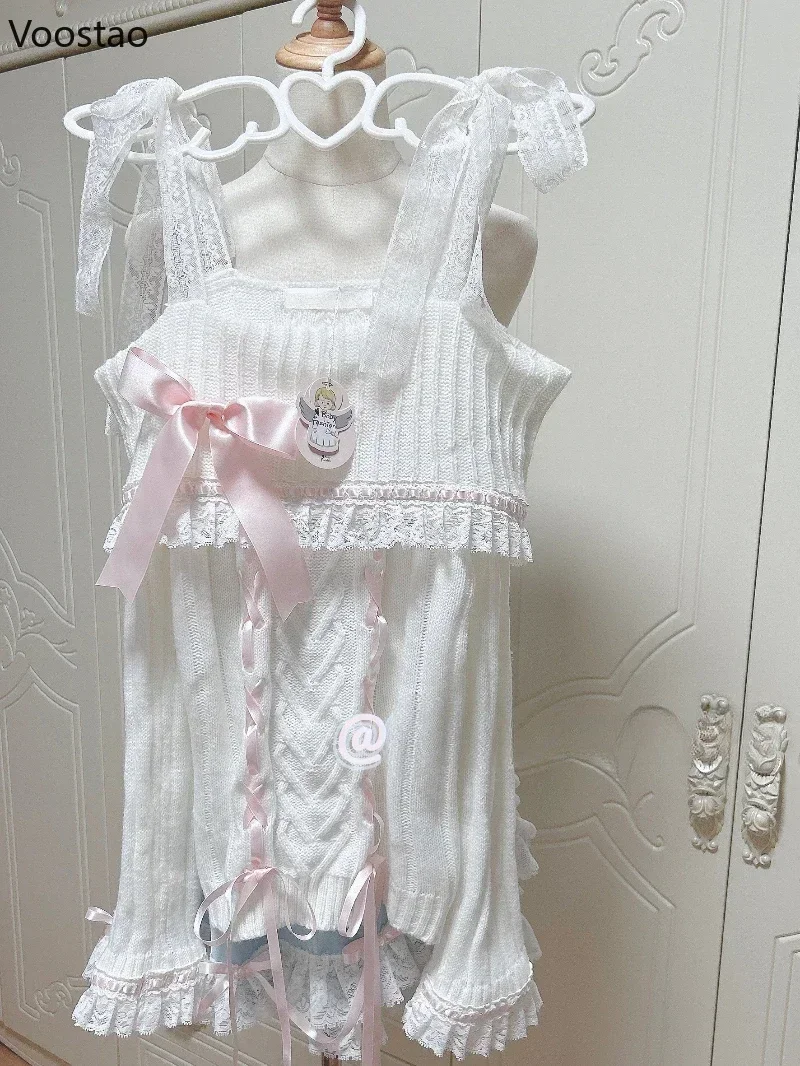 Pulôver feminino de malha estilo Lolita doce, babados de renda, suéter curativo, malhas fofas para meninas, tops vintage, gola cortada, japonês