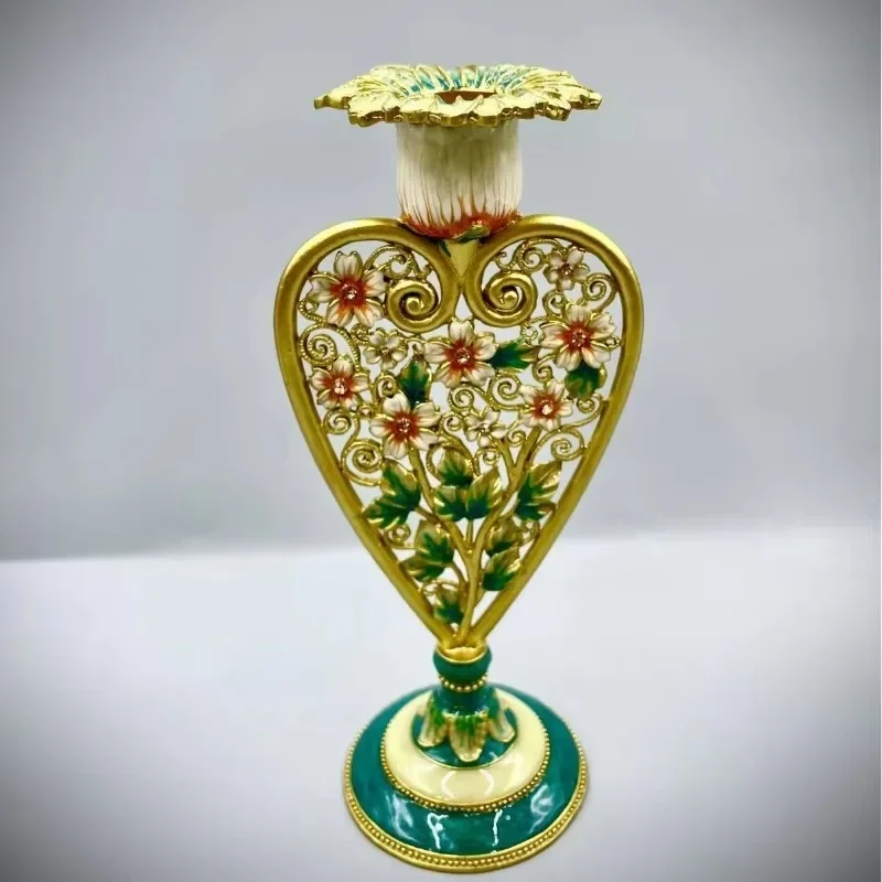 European retro love enamel candle holder French flower metal candle holder home dining table atmosphere decorative ornament