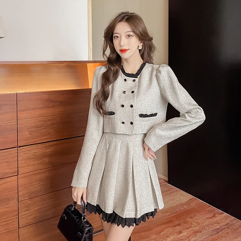 

Женский костюм из двух предметов, короткий двубортный Топ с длинным рукавом и плиссированная юбка в французском стиле, осень 2022