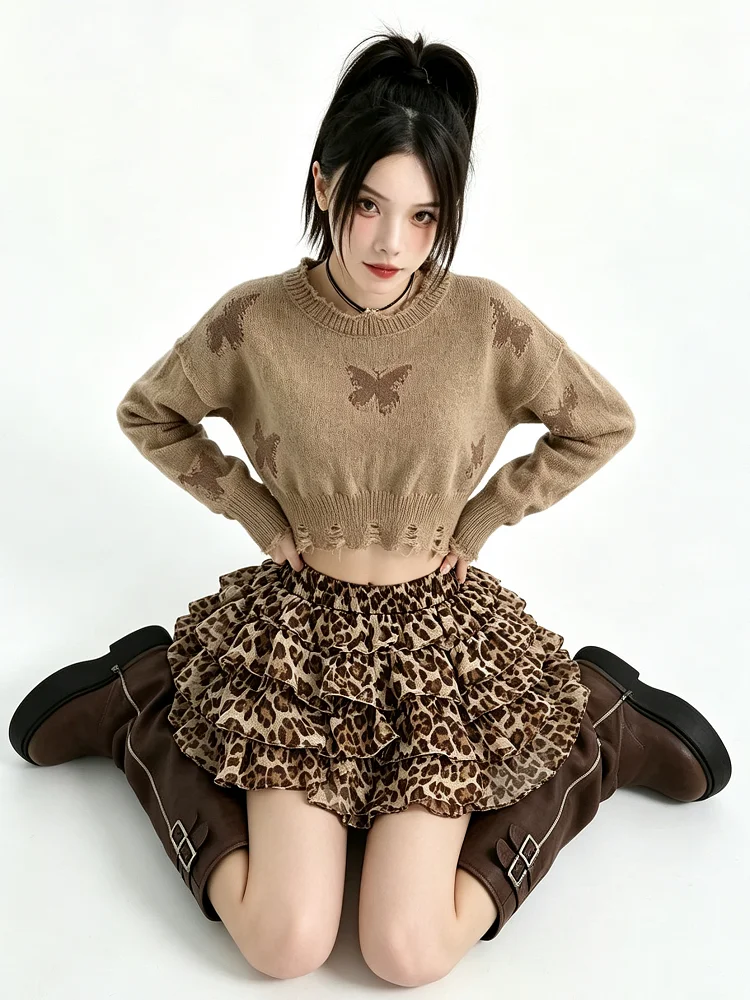 Women Leopard Chiffon Mini Skirt With Built-in Shorts Tiered Ruffle A-Line Cake Skirt High Waist Y2K Short Skirts For Ladies