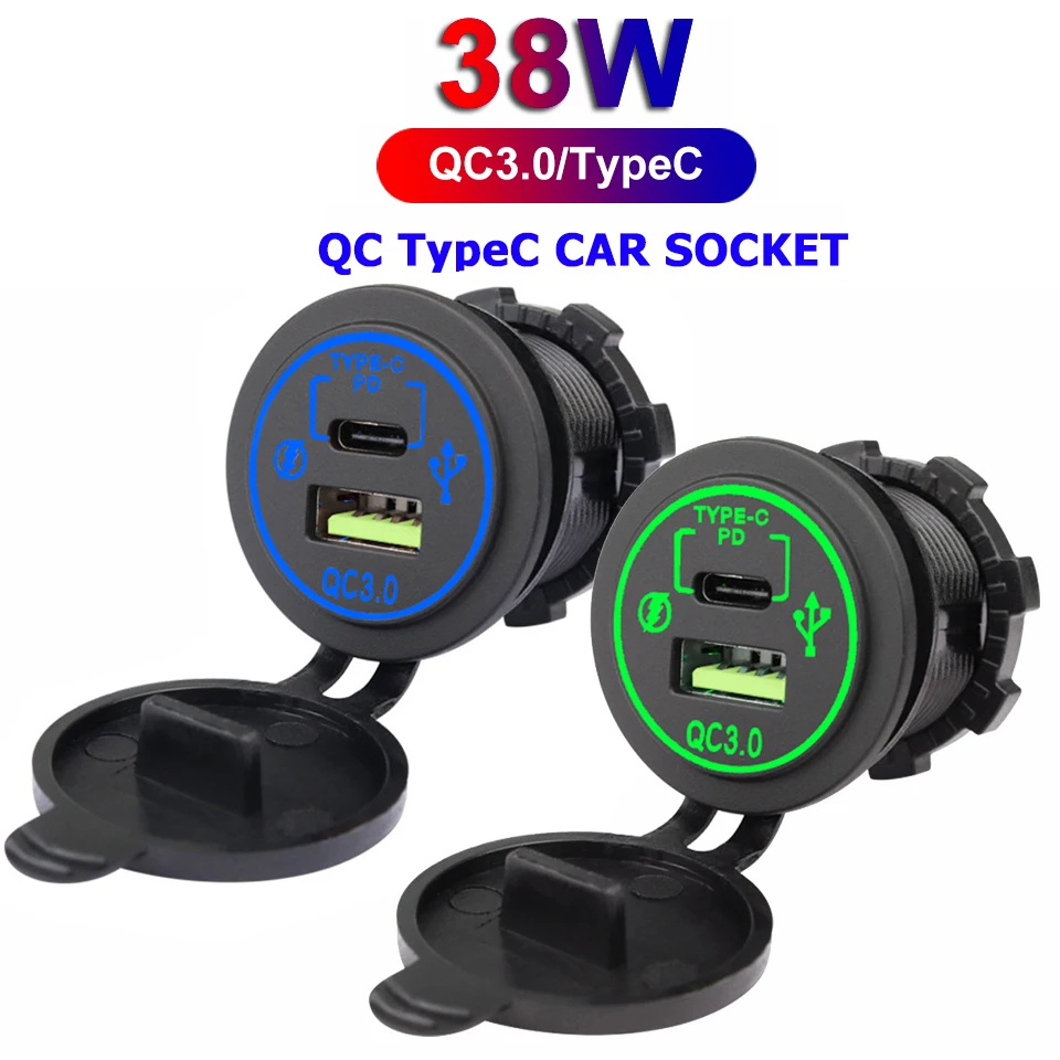 PD Type C QC 3.0 Fast Charger Socket Waterproof 12V-24V Power Outlet Cigarette Lighter Adapter with Cover for Car Truck ATV Boat
