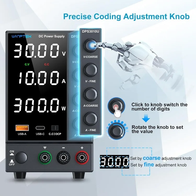 DC Power Supply Variable 0-30V 0-10A, Adjustable Switching Regulated Bench Power Supplies with Encoder Corase & Fine Knob,