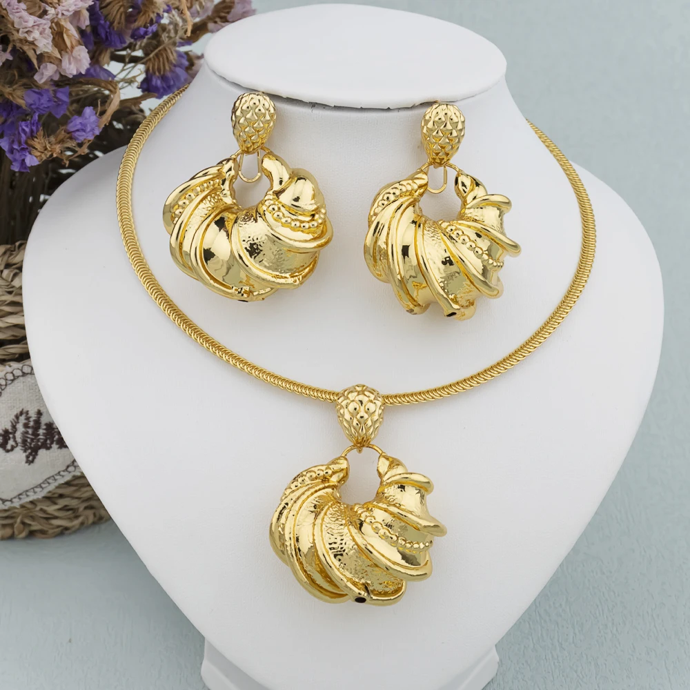 Dubai Afrikanisches Goldfarbenes Schmuckset für Frauen Ohrringe Anhänger Halskette Hochwertiges Kupfer für Braut Hochzeit Party Geschenke – Detail 1