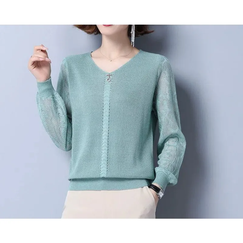 V-Neck Rivet Lantern Long Sleeve Solid Color Pullover Sweater Knitted Women's Clothing Spring Autumn Casual All-match Tops