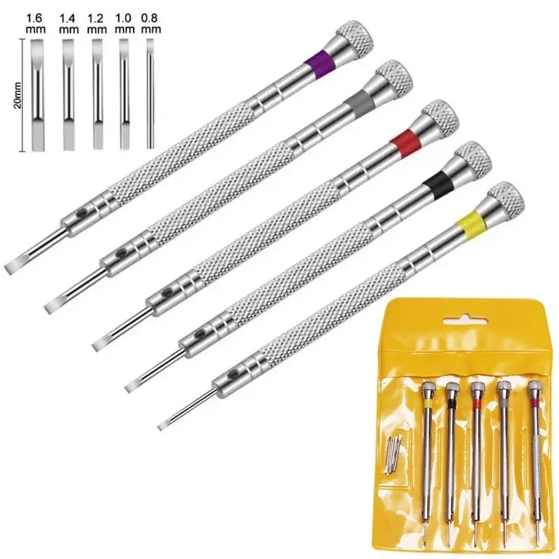 0.8-1.6mm Steel Screwdriver for Watch Repairing Portable Watch Tools Band Removal with Mini Link Pins Watchmaker Tools 5pcs/set