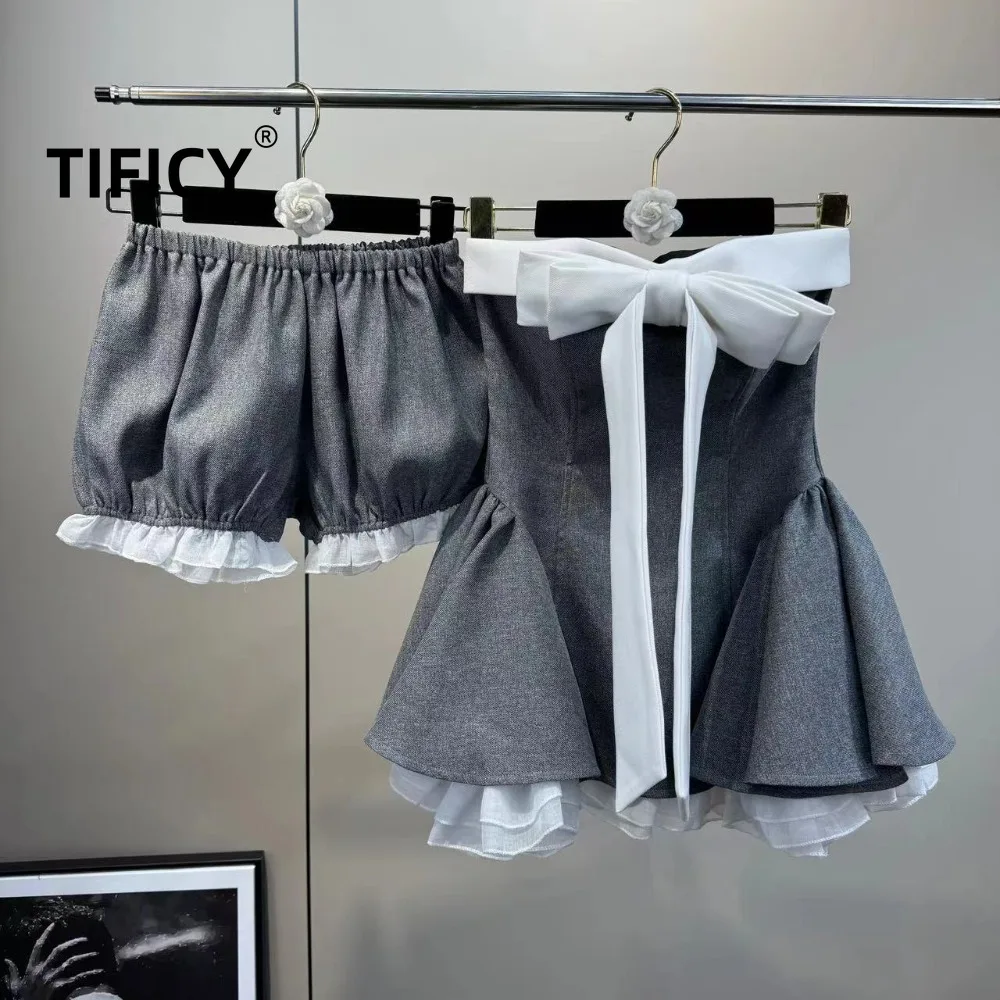 High Street 2pcs Set Women's Spring/Summer New Retro Sweet and Spicy Style Bow Skirt with Strapless Skirt and Shorts Set
