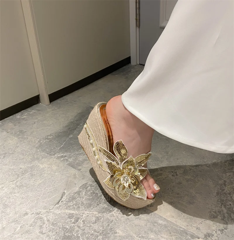 Aneikeh Fashion Platform Wedges High Heels Bling Sequin Fabric Flower PVC Transparent Women Slippers Summer Banquet Party Shoes view 5