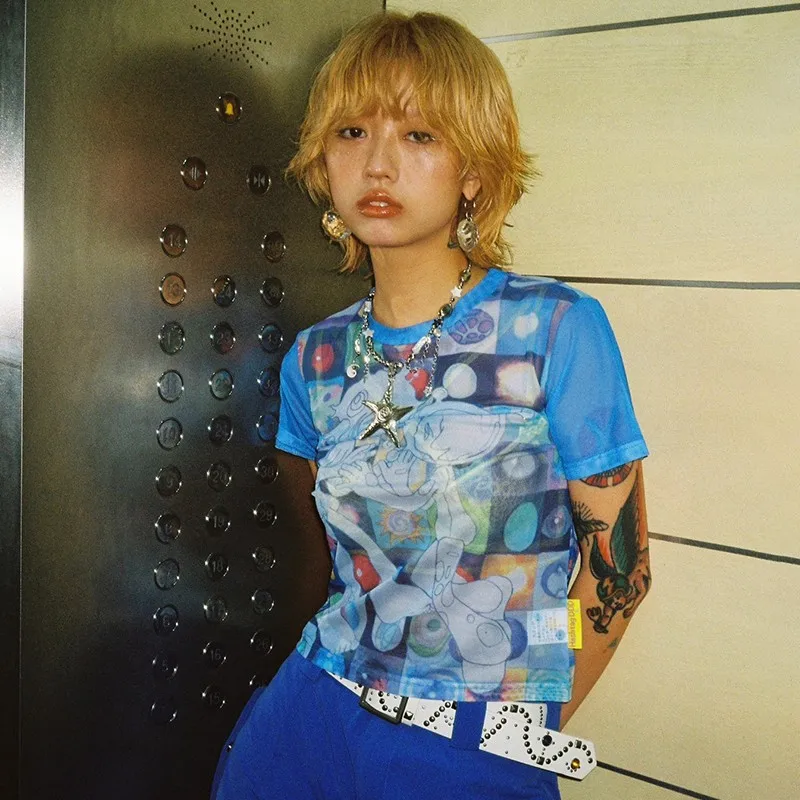 Karrram Japanese Y2k Anime Print T-shirt 2000s Harajuku Short Sleeve Mesh Top Vintage Aesthetics Dreamcore Blue Sheer Top E-girl