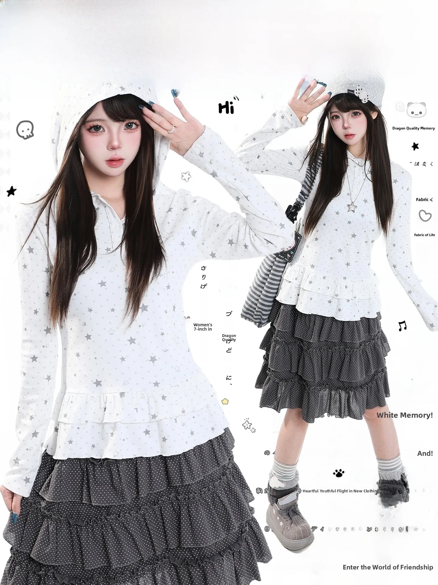 Sweet Cool Cartoon Style Long Sleeve T-Shirt Women's Autumn Waist Cinching Slimming Design Hooded Top Star Print Casual Fashion