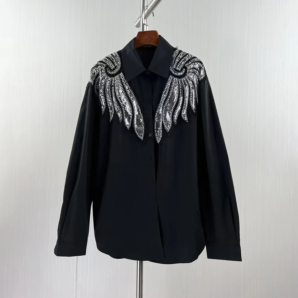 New In 2024 Autumn Sequined Beading Stitch Cotton Mid-length Shirts For Women Long Sleeve Buttons Up Blouses Fashion Black Top