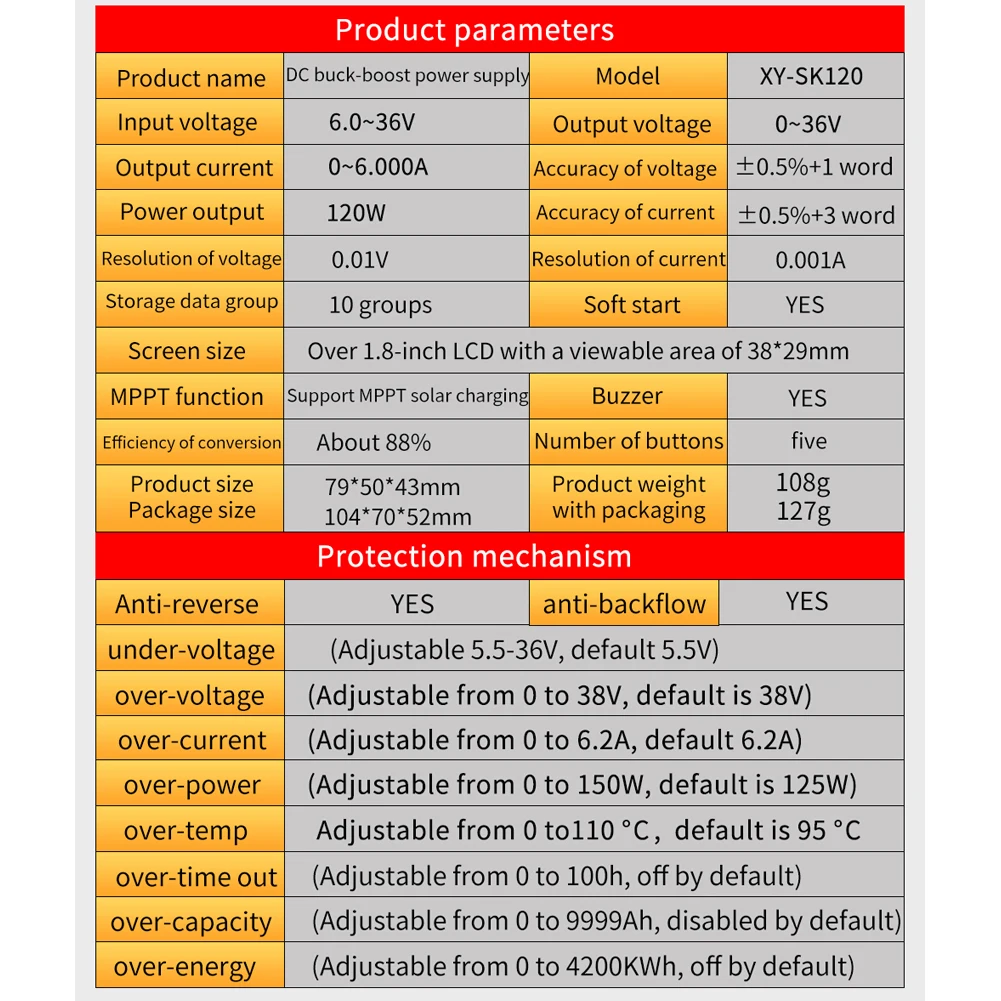 XY-SK120 Solar Power Supply Module with Adjustable Parameters 0-36V 0-6A 120W LCD Display and Temperature Monitoring