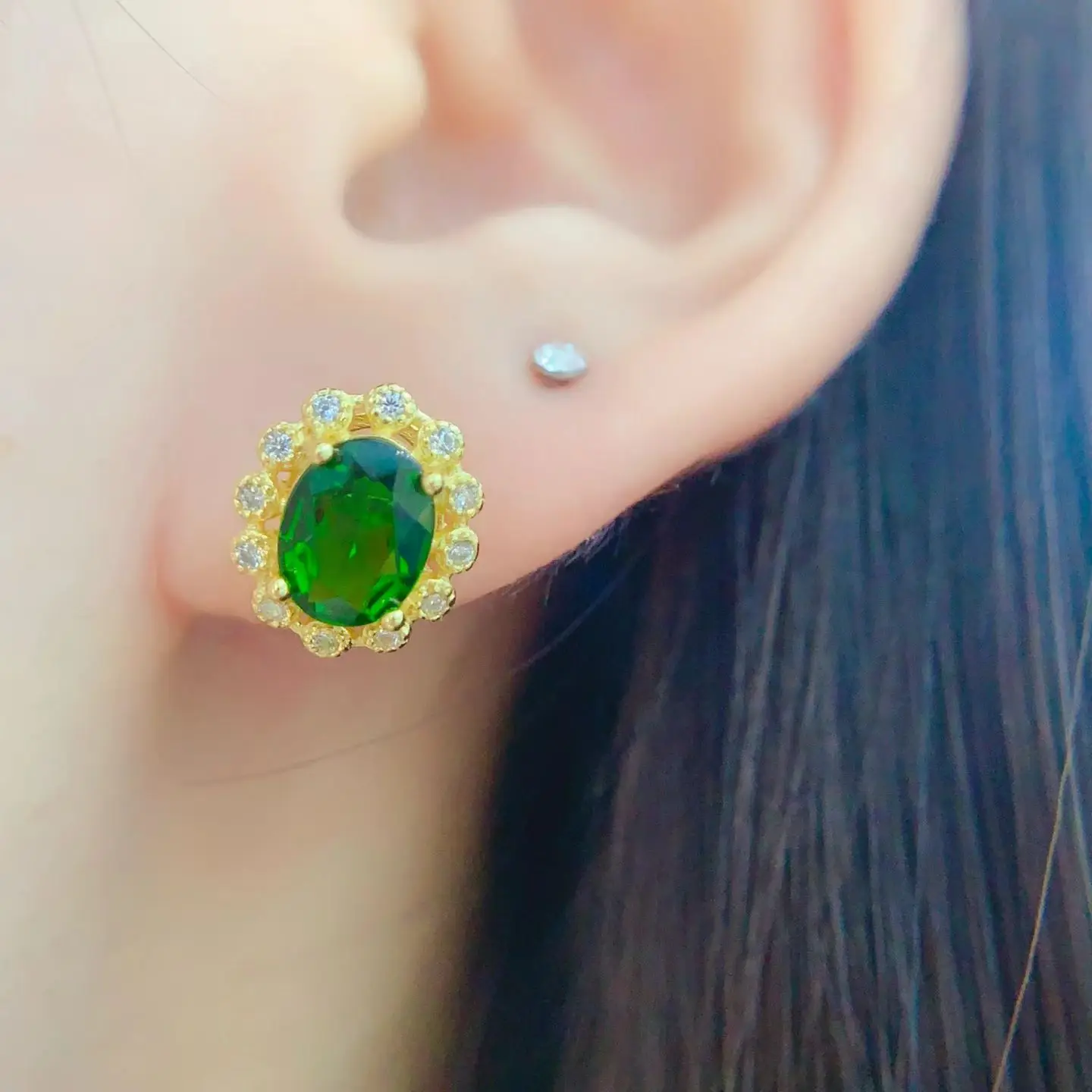 Classic 925 Silver Stud Earrings Natural Diopside Earrings 6mm*8mm 2ct Genuine Diopside Silver Earrings with 18K Gold Plating - Image 2