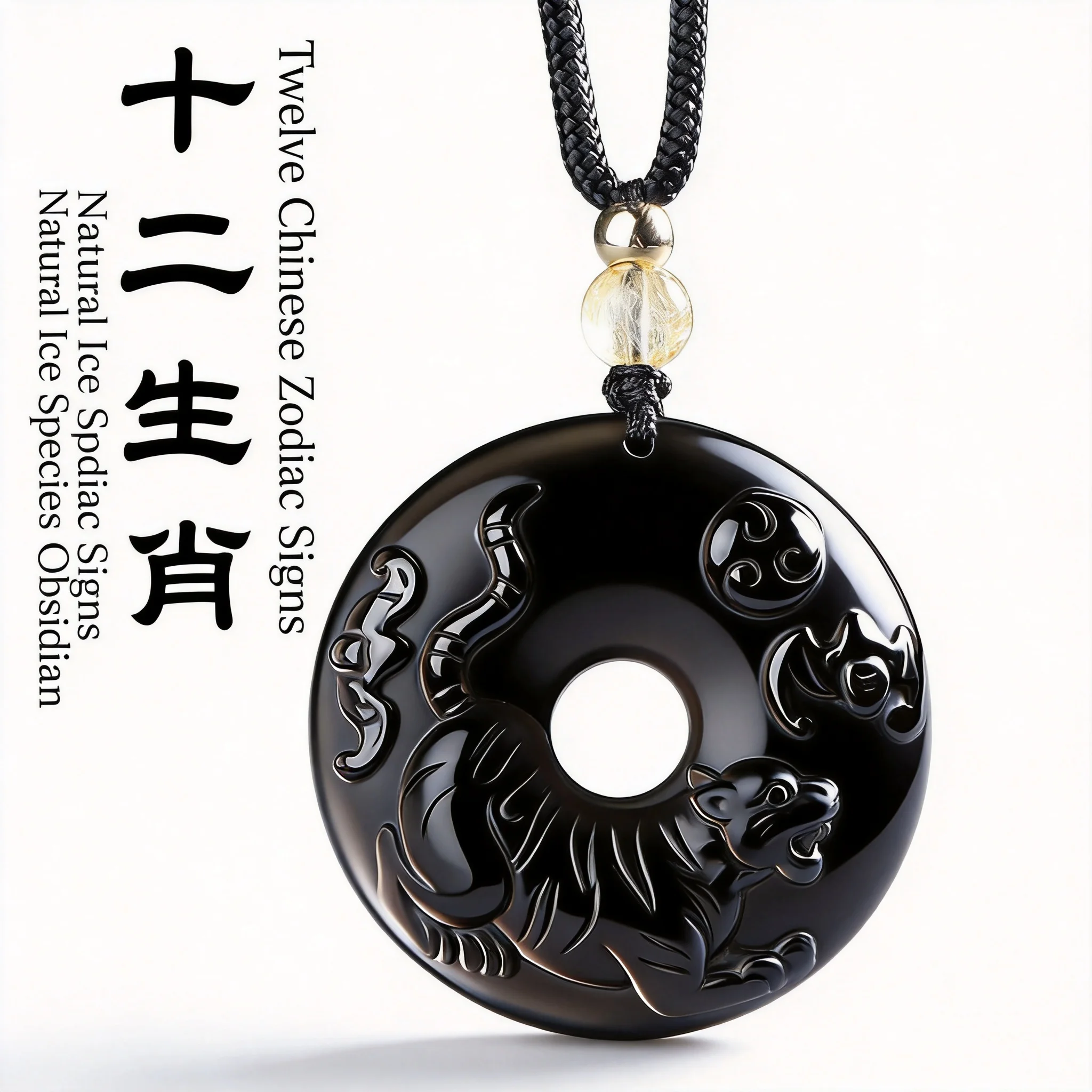 Classic Chinese Style Zodiac Tiger Ice Obsidian Peace Buckle Pendant Necklace Unisex Lucky Fortune Bring Blessing Good Luck Amul