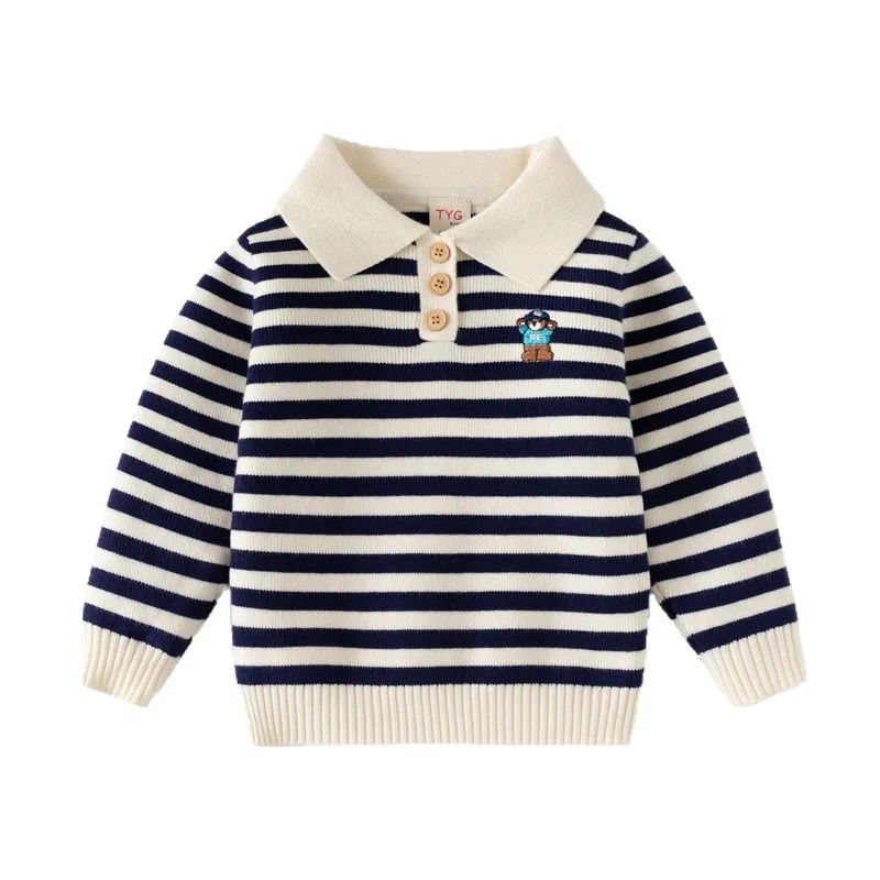

Boys' Pullover Sweater, Striped Tops with Turn-down Collar and Embroidered Bear for Autumn Winter