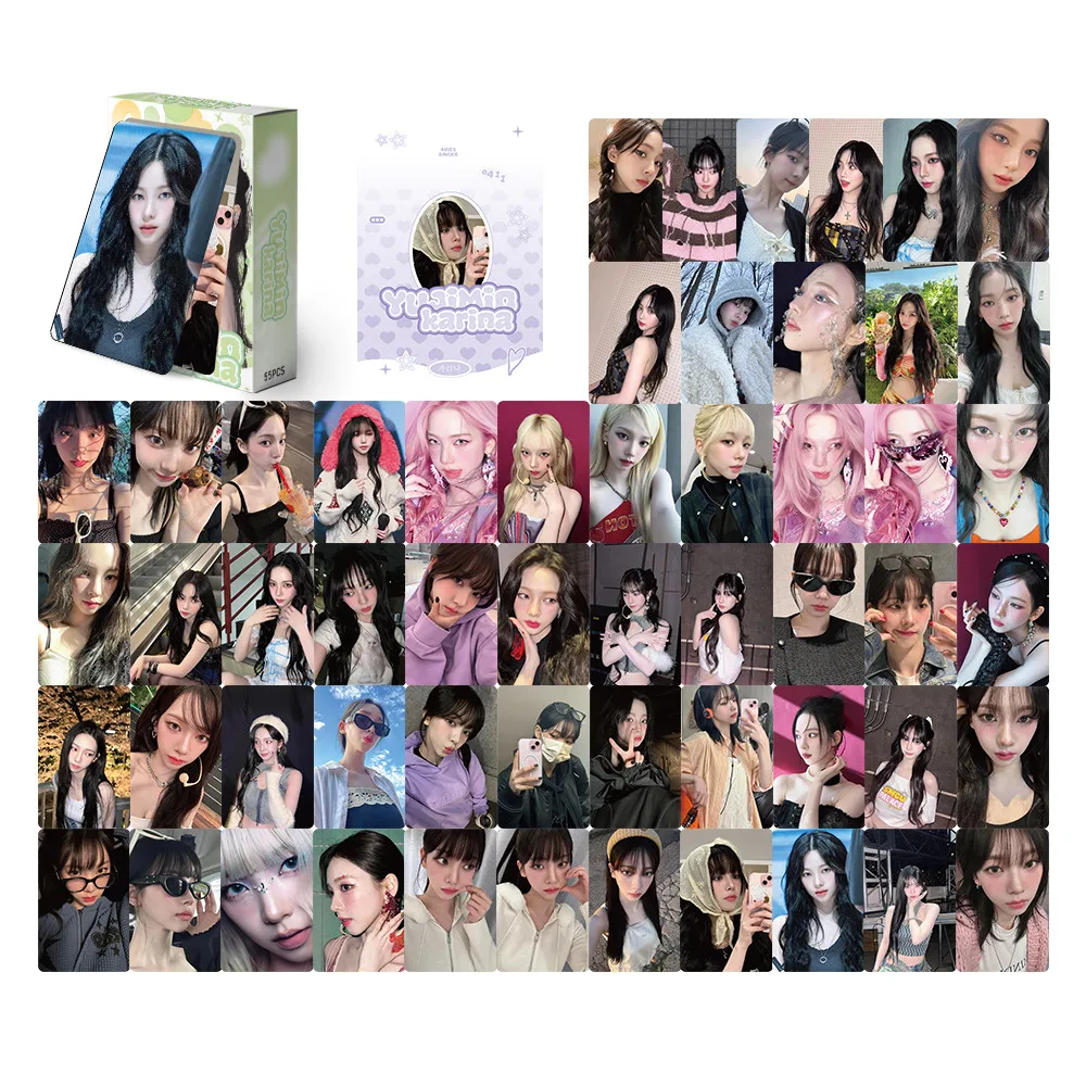 مجموعة ملصقات K-pop DIY (55 ورقة) - بطاقات KARINA Glow-in-the-Dark LOMO لحافظات iPhone/مجلات Bullet (متجر Anime Worlds)