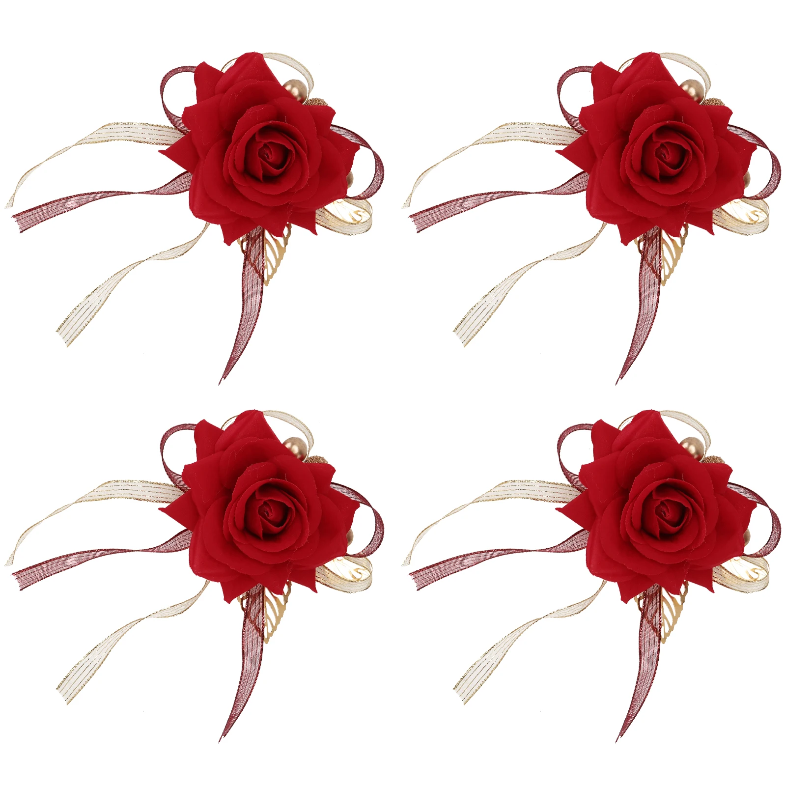 

4pcs Simulation Rose Brooch Elegant Wedding Corsage Realistic Bridal Bridegroom Decor Romantic Dress Up Pin For Bridesmaid Groom