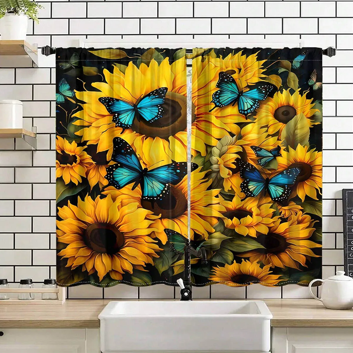 Sunflower, Butterfly, And Flower Pattern Printed Curtains, Suitable For Living Room, Kitchen, And Bedroom Window Decorations.