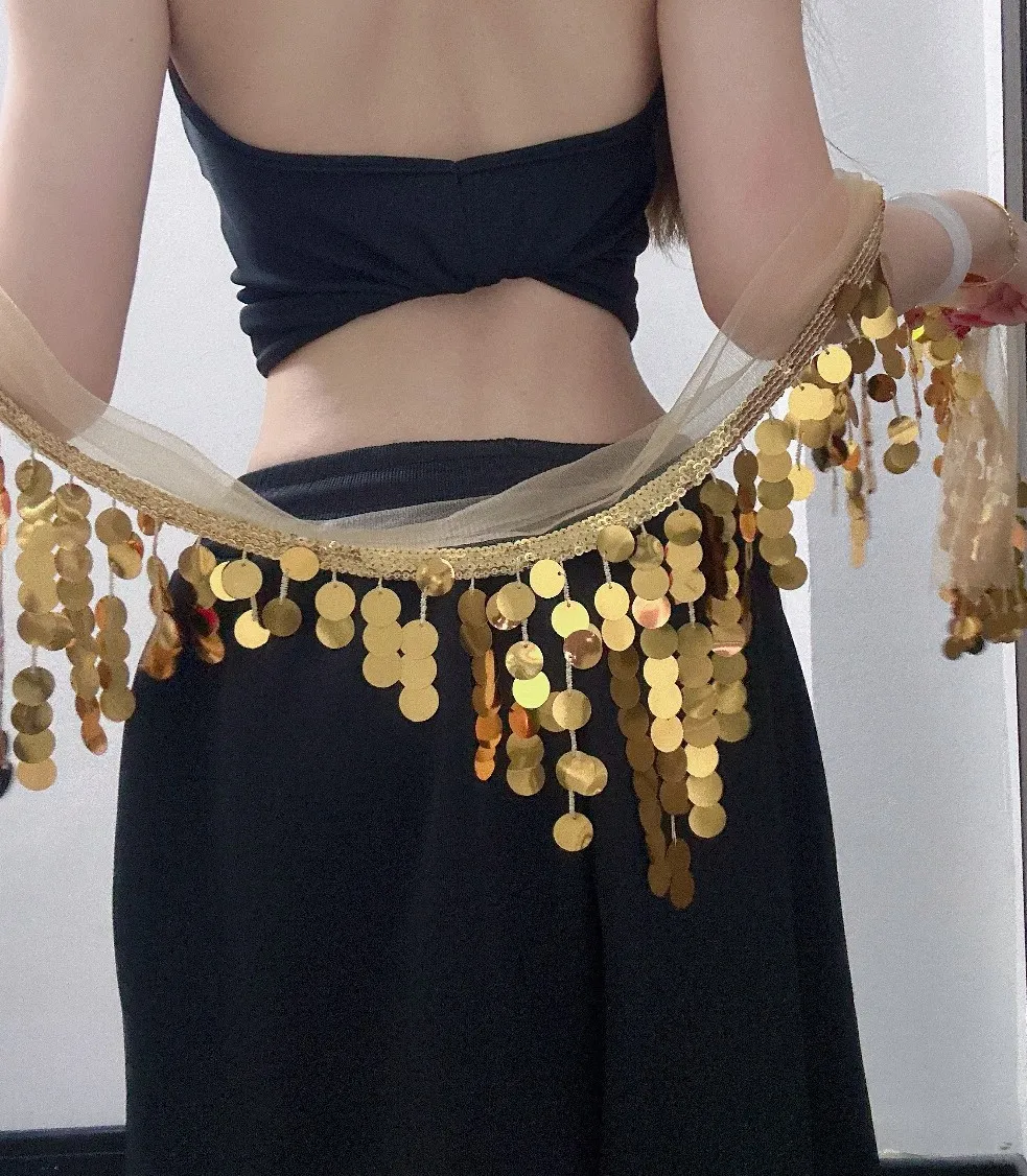 Bauchtanz-Taillenkette, Damen, orientalischer Tanz, Übungstuch für die Taille, Performance-Hüfttuch, mit Pailletten, Hüfttuch für Bauchtanz – Detail 2