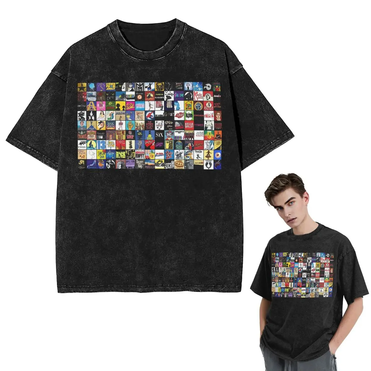 

Streetwear T-Shirts Broadway Musical Theatre Logos - Hand Drawn 1 Washed T Shirt Short Sleeve Hip Hop Tops Tees for Men Women