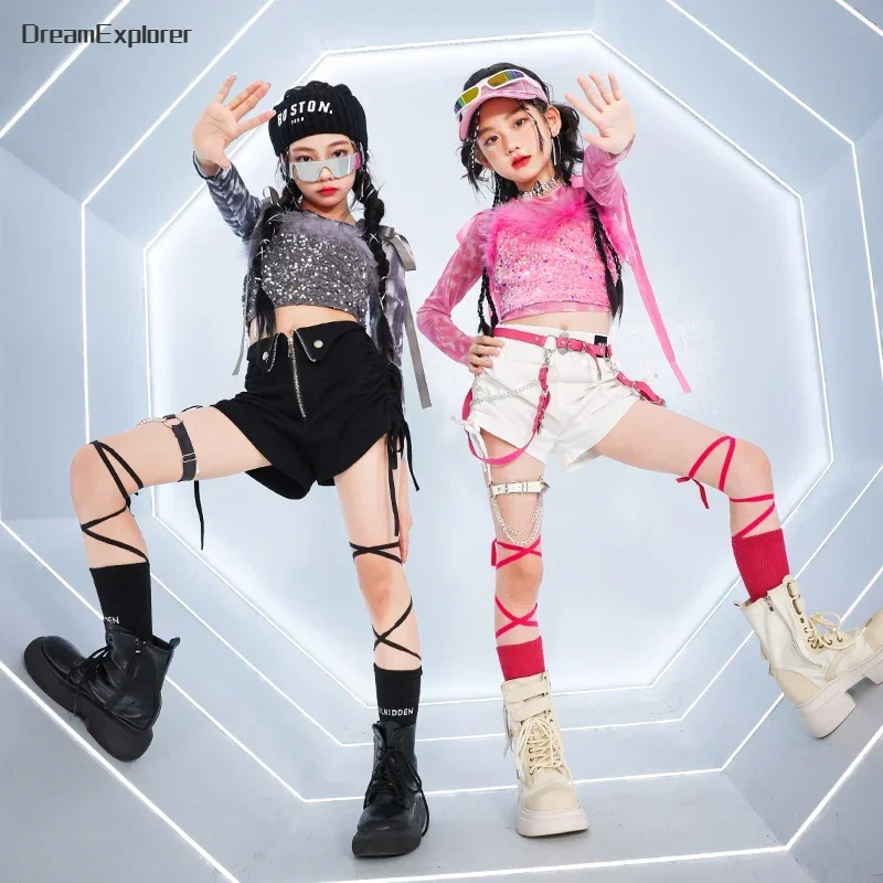 Girls K-pop Sequin Crop Top Street Dance Shorts Kids Hip Hop Jazz Hot Pants Clothes Sets Children Streetwear Girl Group Costume