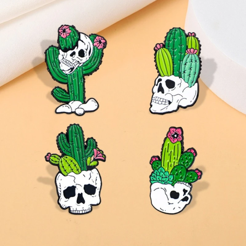 Halloween Dark Punk Style Metal Brooch Creative Skull Cactus Shape Pins Badges For DIY Clothing Bags Hat Scarf Jeans Decoration