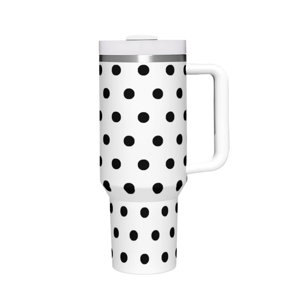 Classic Black White Polka Dot  Special 40 oz Tumbler Handle Straw Lid,Stainless Steel Insulated Tumblers,Travel Coffeec cup