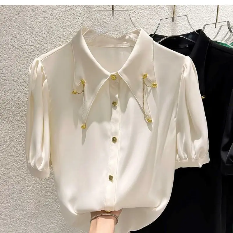 Korean Fashion Female Chain Spliced Turn-down Collar Blouse Summer Commute All-match Solid Color Button Shirt Women's Clothing