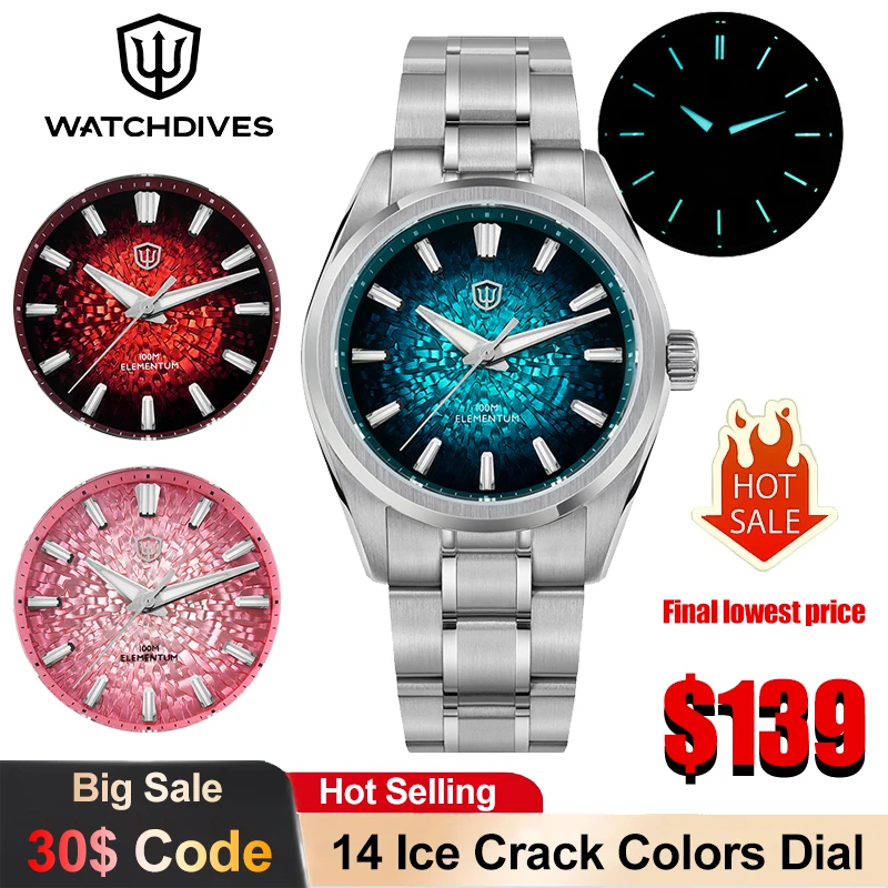 Watchdives wd0003c gelo crack dial relógio de quartzo vh31 movimento varredura luminoso relógio de luxo safira 100m à prova dwaterproof água relógio de pulso masculino