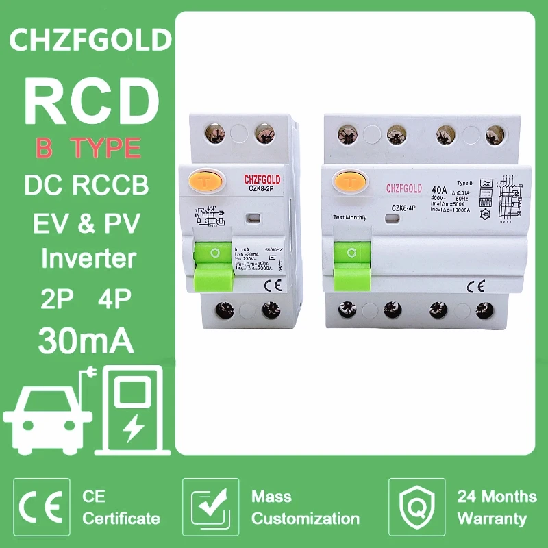 

Electric Vehicle EV Charging Pile Residual Current breaker DC RCCB RCD 2P/4P 63A 30mA Type B 6KA CHZFGOLD Din Rail Earth Leakage