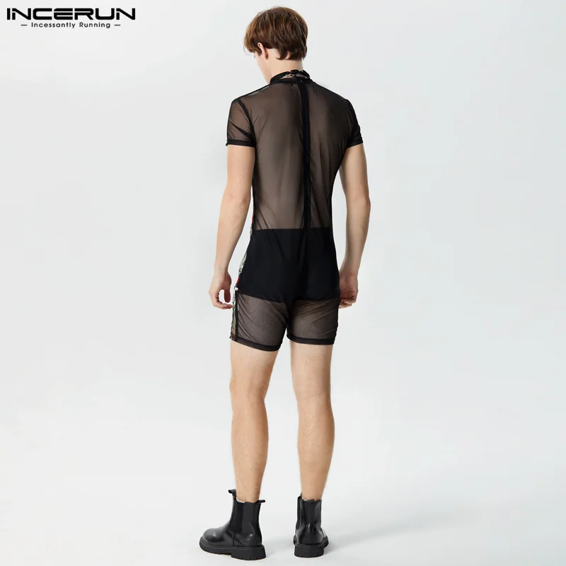 INCERUN 2024 American Style Sexy Styklish New Men Jumpsuits See-through Thin O-Neck Flower Printing Short Sleeve Bodysuits S-3XL