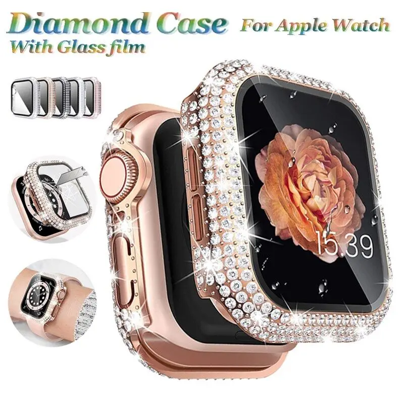 Diamond Watch Case Built-in Tempered Glass for Apple Watch 9 41mm 45mm 38mm 40mm 42mm 44mm iWatch Series 8 7 6 SE 5 4 3 Cover
