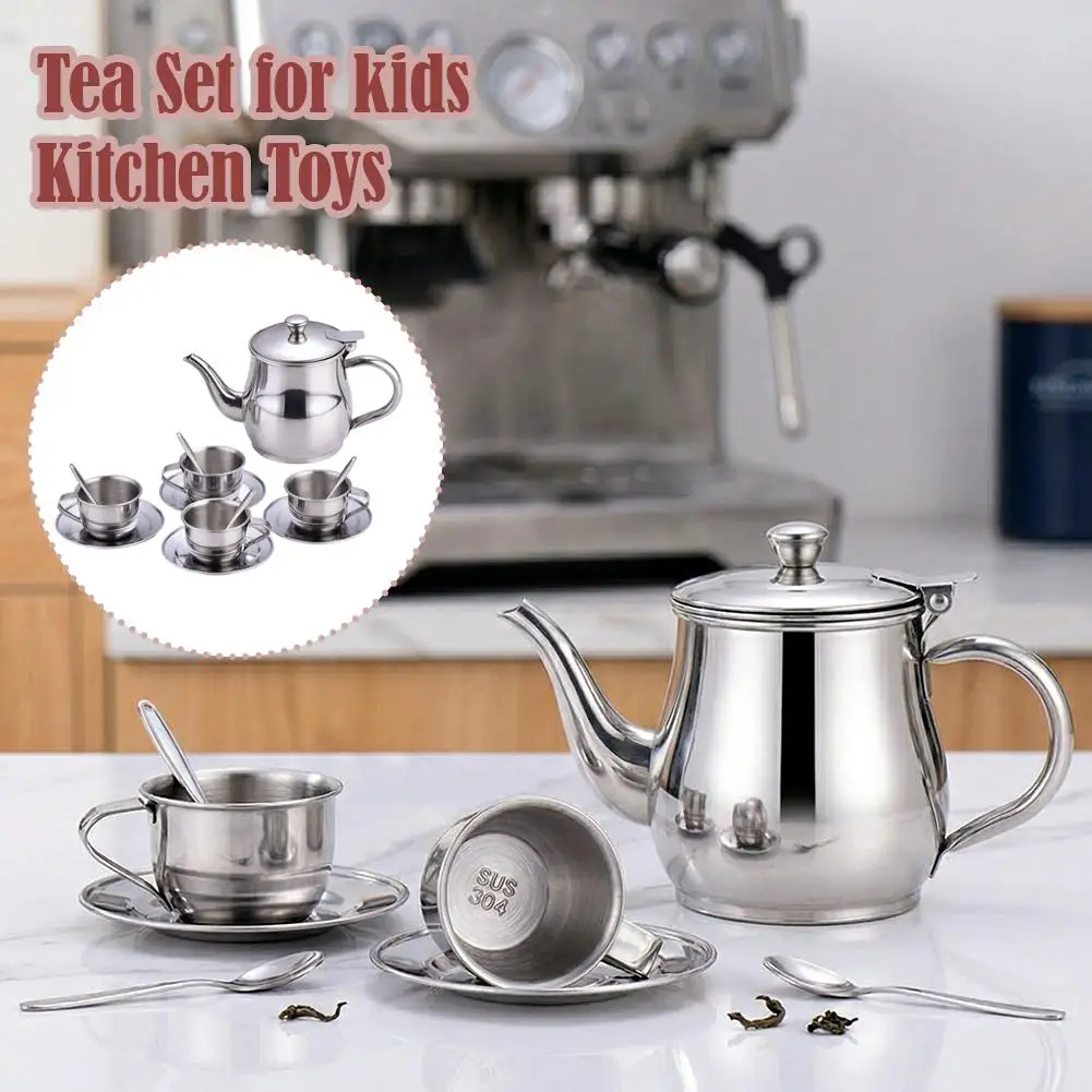 

Small 304 Stainless Steel Tea Pot Set Long Mouthed Tea Pot With 4pcs Cups, Lightweight Pretend Play Kitchen Playtime Toys