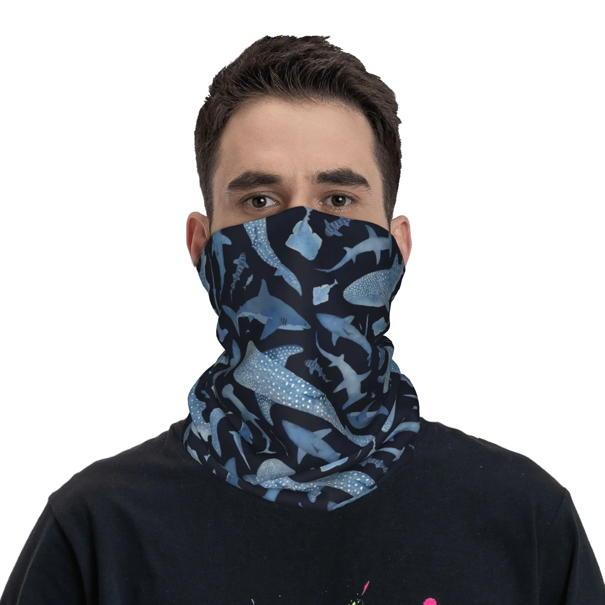 Monochrome Blue Watercolour Shark Ocean Bandana Neck Gaiter Printed  Wrap Scarf Multifunctional Headband Unisex Adult Breathable