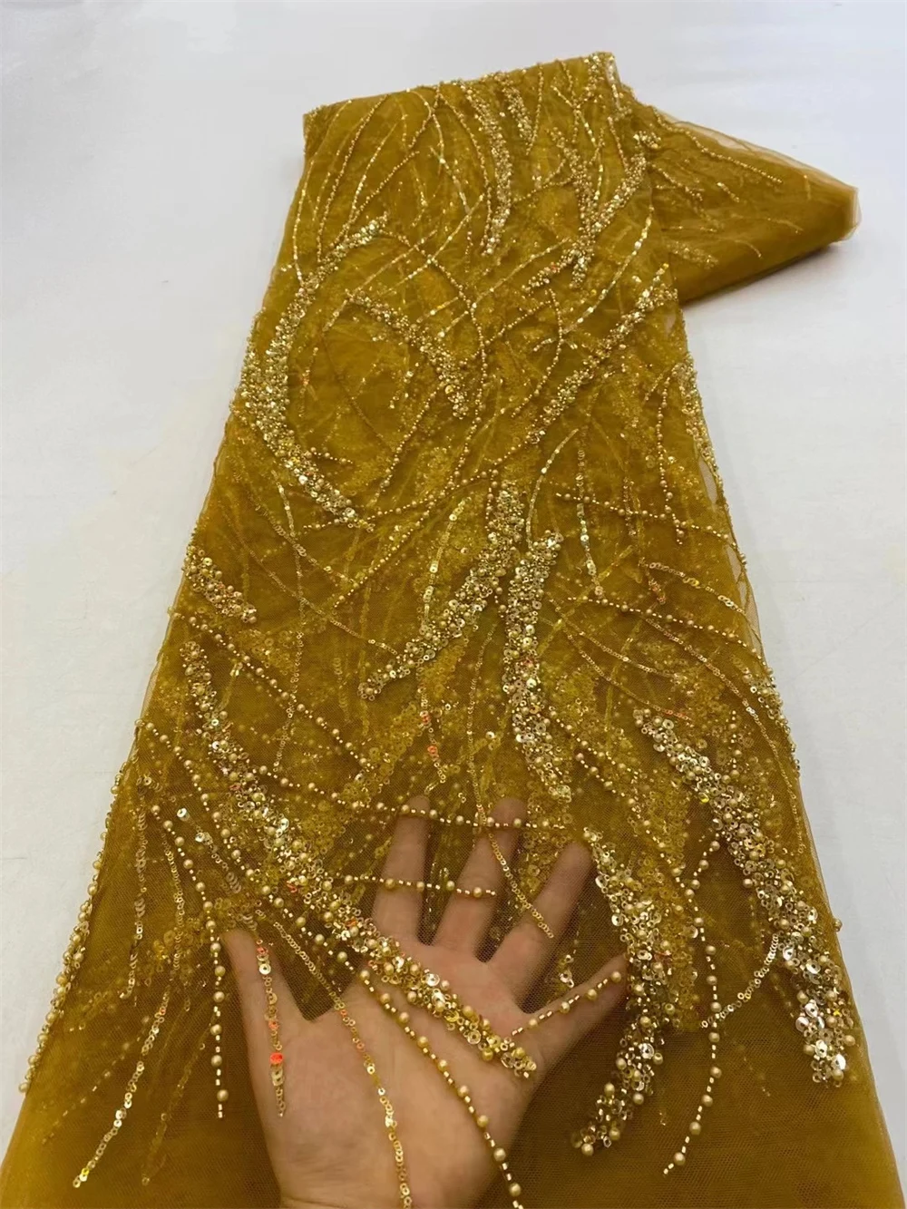

High -End Luxury French Mesh Beaded Lace Fabric 2024 High Quality African Sequins Groom Lace Fabrics For Nigerian Wedding Dress