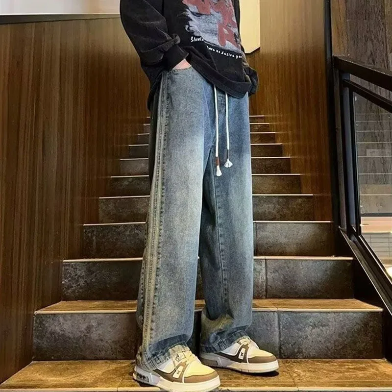 Spring And Summer New Straight Leg Pants Side Stripes Classic Blue Casual Jeans Men Korea Designer Clothes Baggy Jeans Man