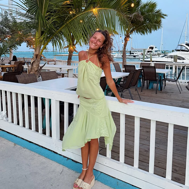 

Women's Elegant Halter Top Midi Skirt Set Chic Floral Petal Top Irregular Ruffle Hem Skirt Sets Summer Vacation Party Outfits