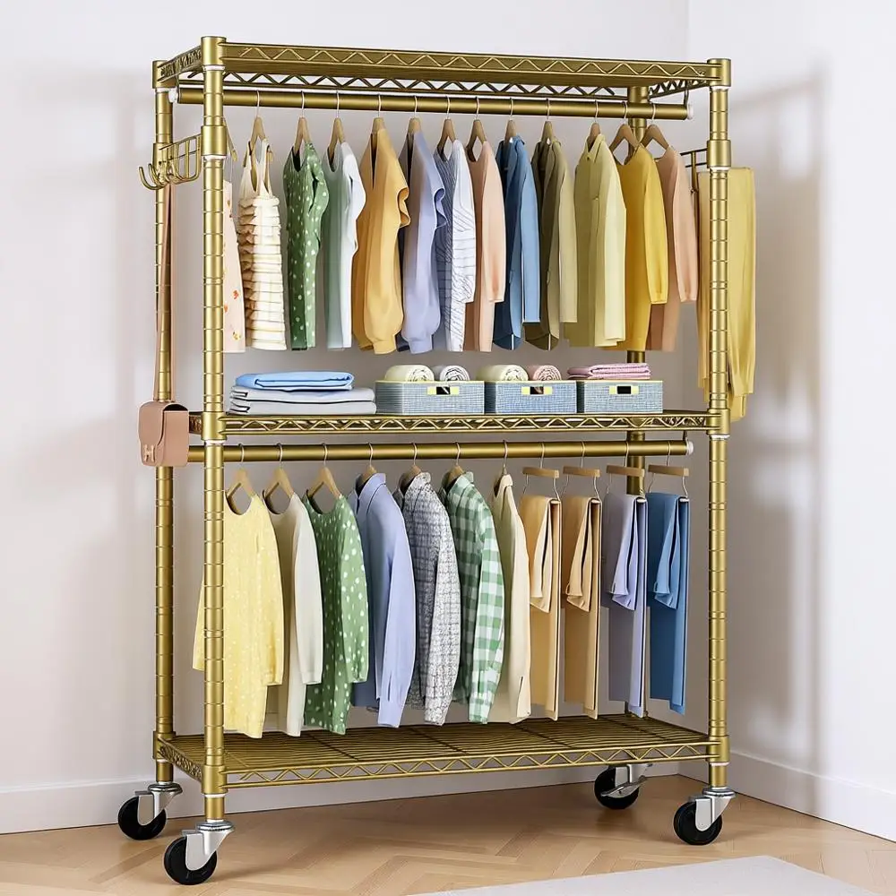 Rolling Clothes Rack, Movable Metal Garment Closet Organizer with Lockable Wheels, Clothing Wardrobe with Double Hanger Rods and