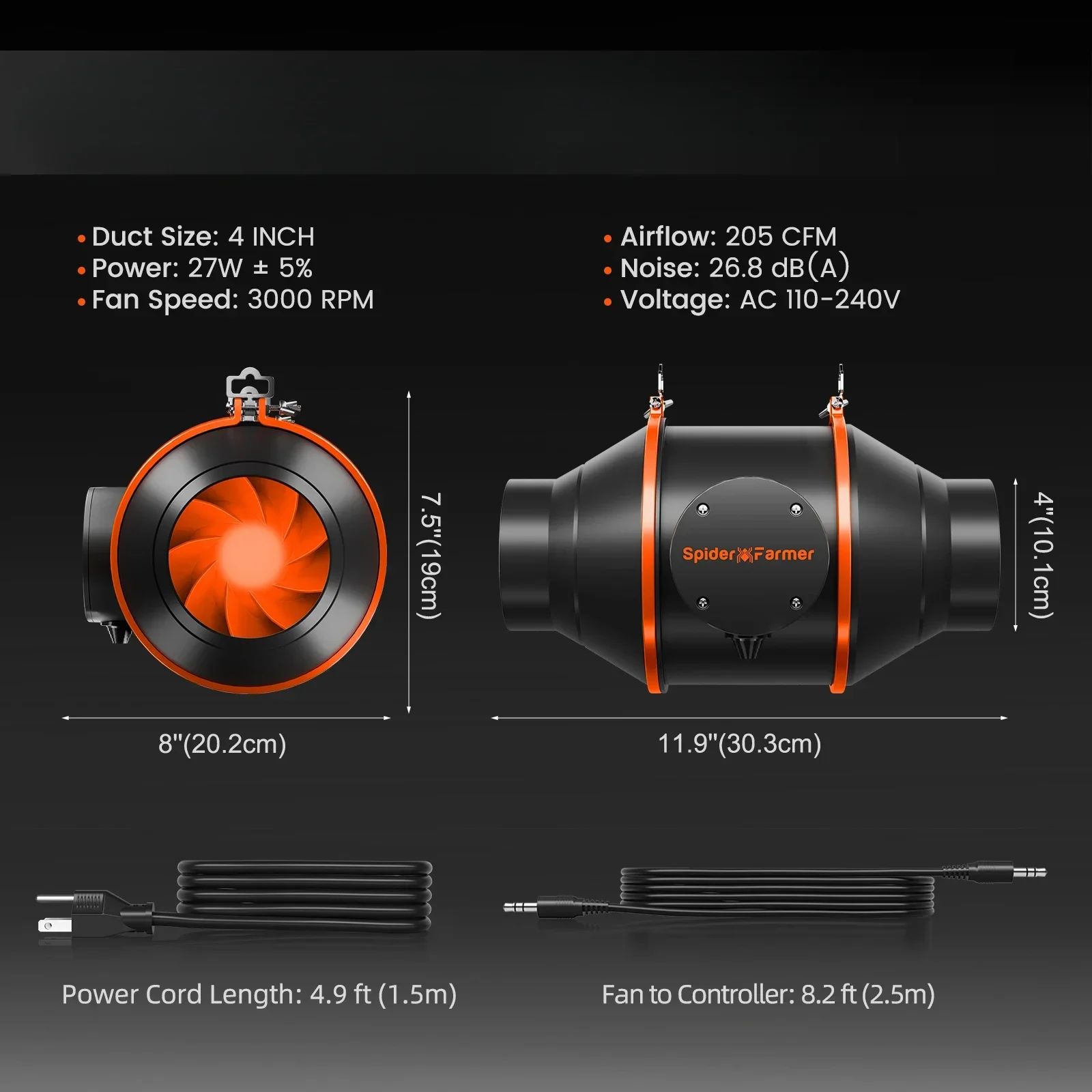 Spider Farmer 4Inch/6Inch Intelligente Inline Fan Ventilatie Ducting Fan met Temperatuur-vochtigheidsregelaar voor Kweektent Kit