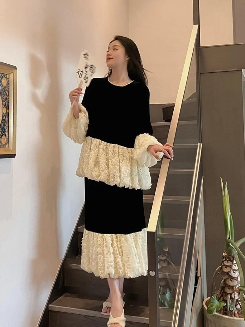 Plush Thicken Warm Warm Autumn And Winter Outfit, Fashion Spliced Black Velvet Suit Skirt + Shirt Two Piece Set w1493