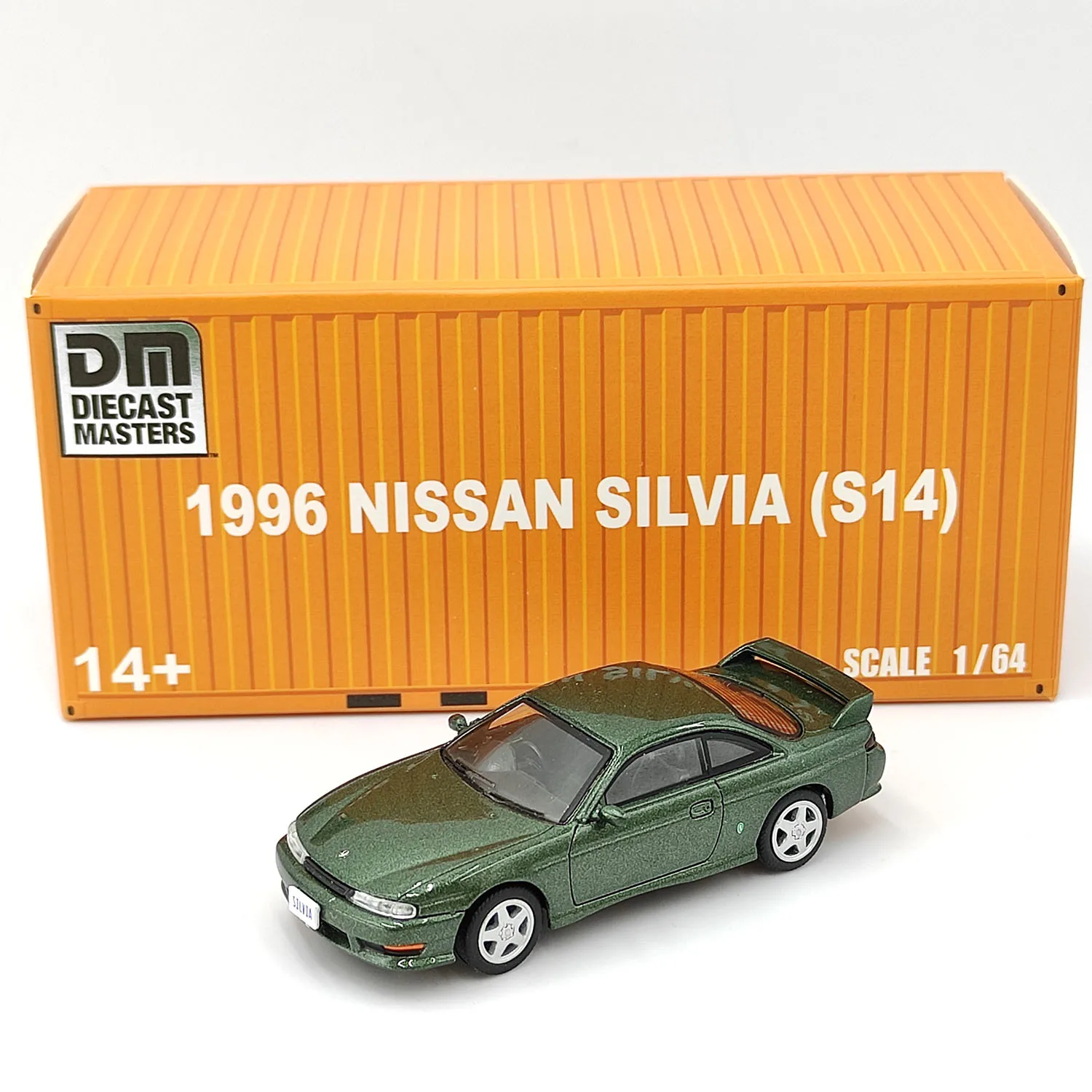 

Diecast DM 1/64 Scale Plastic Container 1996 Nissan Silvia S14 Green Right Rudder Alloy Car Model Collectible Souvenir Display
