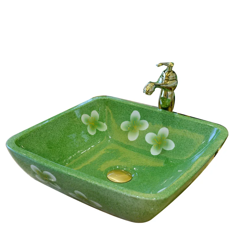 

Art stage basin ceramic hand wash household bathroom face wash green square balcony wash basin