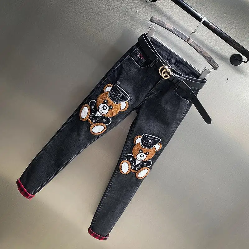 Patch Bears High Waist Women Jeans All-match High Waist Autumn Long Denim Trousers Black Stretch Skinny Tight Pencil Pants