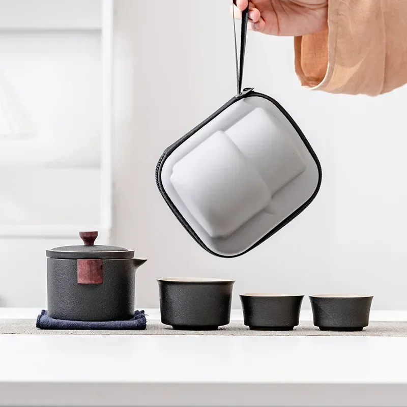 Portable Black Pottery Travel Tea Set Ceramic Kungfu Tea Set  Tea Pot and Cup Set Te Matcha