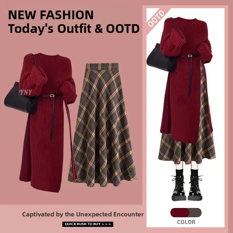 

Korean Lazy Style Long Sleeve Red Sweater Women's Autumn Winter New High Waist Plaid Skirt Two Piece Set Fashionable Ens...