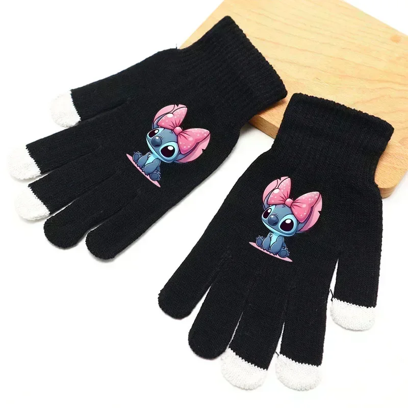 Disney Stitch เด็กใหญ่ถุงมือฤดูหนาว WARM การ์ตูนยืดถัก Mittens หน้าจอสัมผัสน่ารักผู้ใหญ่ห้านิ้วถุงมือของขวัญวันเกิด